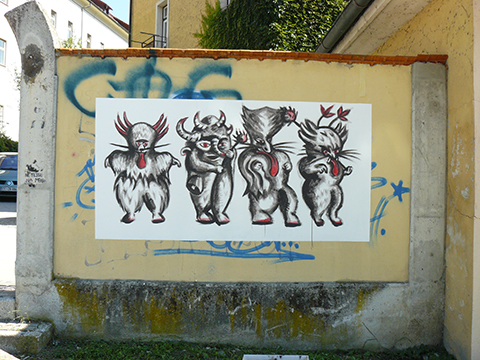 Kurentovanje mural painted in Celje, Slovenia as part of the We Came to Take Your Jobs Away project and exhibition